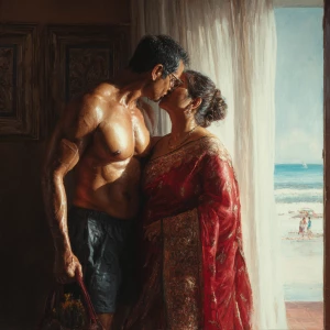 Create a hyperrealism painting of a muscular, sweaty Indian man...