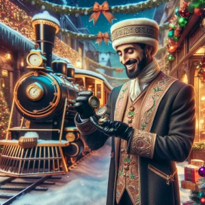 A joyful Victorian-era train conductor looking at an ornate pock...
