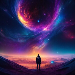 In the depths of a cimmerian cosmic void, a solitary traveler dr...