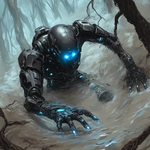 Create an image of a futuristic robot trapped in quicksand, stru...