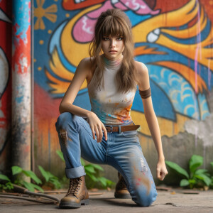 teenage girl, long brown hair and bangs, wearing tight skinny jeans and a halter top paint marks on her clothing, heroic pose Asian graffiti background, nearing on one knee