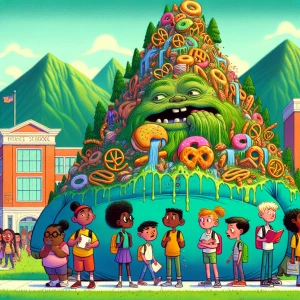 A fat mountain eating snacks in front of a school scaring childr...