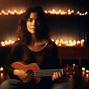 A woman in her 30s with a serene expression sits in a softly lit...