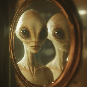 In the quiet confines of its spacecraft, a gentle alien stands b...