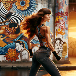 Athletic Thin skinny Attractive, Asian teenage girl, long brown hair and bangs, wearing tight skinny jeans and a halter top paint marks on her clothing, heroic pose Asian graffiti background, backside view