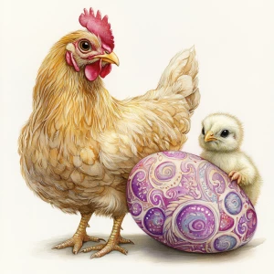 A hen and a chick, depicted in a detailed watercolor style. The...