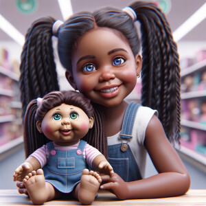 Create a 3-D realistic African-American little girl with huge blue eyes and long ponytails She is playing in her Favorite toy store with her favorite cabbage patch doll the cabbage patch now resembles her. It has very deep, dimples and Freckles