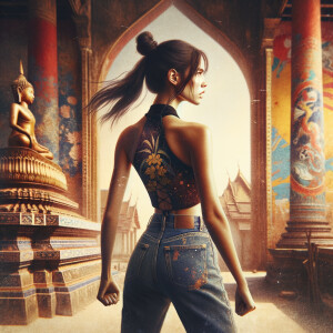 Athletic Thin skinny Attractive, Asian teenage girl, long brown hair and bangs, wearing tight skinny jeans and a halter top paint marks on her clothing, heroic pose Asian graffiti background, backside view