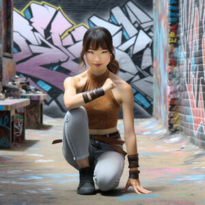 teenage girl, long brown hair and bangs, wearing tight skinny jeans and a halter top paint marks on her clothing, heroic pose Asian graffiti background, nearing on one knee