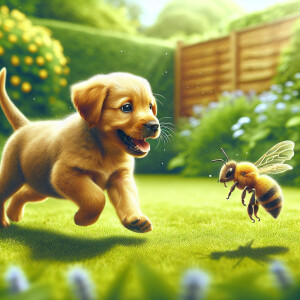 little puppy chasing a giant bee