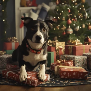 Dog Max steals Christmas presents in carton style
