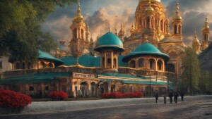 Вид с возвышенности на пасторальный пейзаж. Поля, стены средневе...