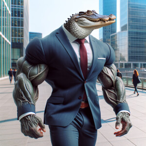 Man- alligator hybrid with extra huge muscles with veins popping...