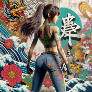 Athletic Thin skinny Attractive, Asian teenage girl, long brown hair and bangs, wearing tight skinny jeans and a halter top paint marks on her clothing, heroic pose Asian graffiti background, backside view