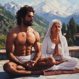 Realistic art 1:1,A muscular man and his 50-year-old Kashmiri mo...