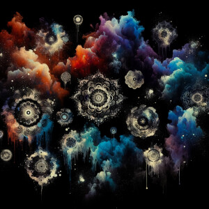 A black background with watercolor designs scattered around, sca...