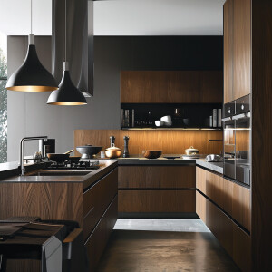 Design a contemporary European kitchen featuring wood cabinets