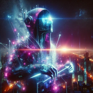 In a dimly lit, neon-soaked cityscape, an enigmatic figure bathe...