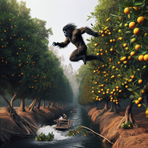 A humanoid with black hair resembling Bigfoot diving from an ora...