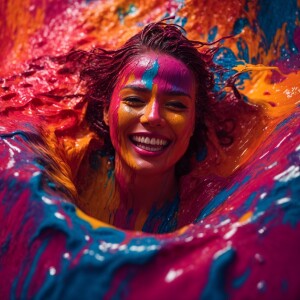 Create a 3D motion graphic of a figure smiling and emerging from...