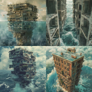 a multi-storey building that is falling, and inside it there is...