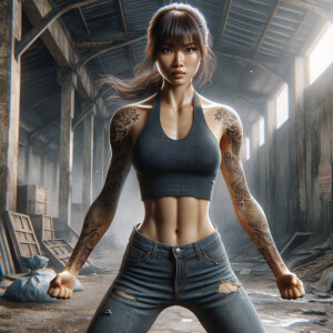 Thin Asian teen girl wearing tight jeans and a halter top Long brown hair and bangs, tattoos on her arms, athletic heroic pose