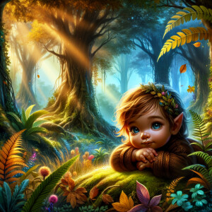 An elven baby with dark brown skin, blue eyes, and blonde hair.