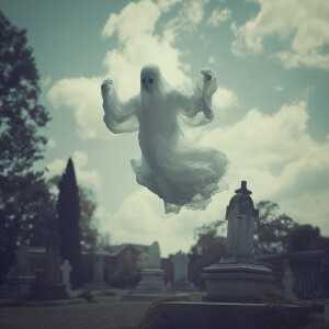 transparent ghost floating over a graveyard,  wide spread arms,...