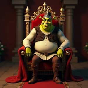 Create a digital portrait of Lord Farquaad, the antagonist from the Shrek film series, capturing his distinctive medieval attire, pompous expression, and short stature while sitting on his extravagant throne in Duloc Castle.