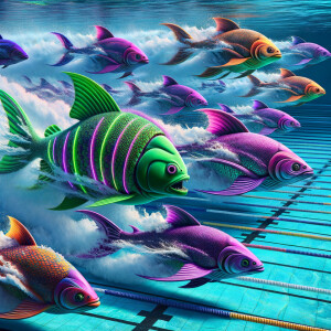Realistic 
Swimming race
Swimming pool
Purple neon green piranha...