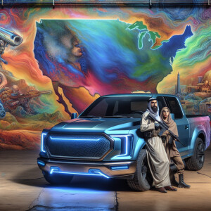 Generate a photorealistic image featuring a man and a woman stan...