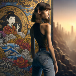 Athletic Thin skinny Attractive, Asian teenage girl, long brown hair and bangs, wearing tight skinny jeans and a halter top paint marks on her clothing, heroic pose Asian graffiti background, backside view