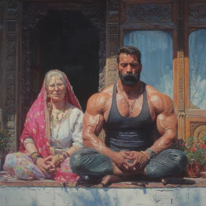 Hyperrealism,sharp painting,A man muscular beefy sweaty doinga y...