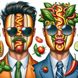 Create an illustration of individuals whose heads are chili dogs...