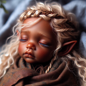 An elven baby with dark brown skin, blue eyes, and blonde hair.