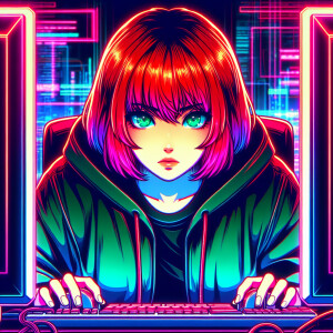 red-haired girl with short hair and green eyes sits at the compu...