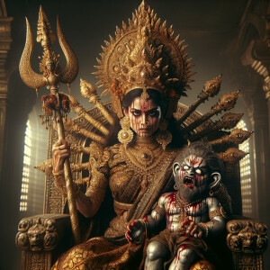 portrait of angry looking goddess durga sitting on a gold crown and carrying a weak mahishasur on her lap and stabbing him with her amazingly designed trident. She is wearing gold armor, a huge gold crown, gold saree, abundant  gold jewelry, covered in blood. The scene is set in ancient India. The image is 8K resolution, cinematic, ultra detailed face and epic.