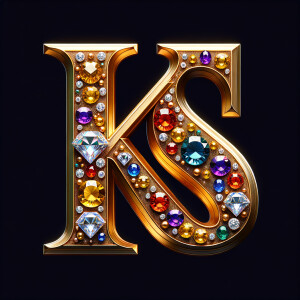 Create a 3-D realistic image with the letters  K.S. in gold raised letters , Add diamonds and colorful jewels