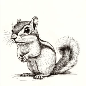 A cute chipmunk looking forward, with his body sideways showing...