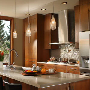 Design a transitional style kitchen with sleek wood cabinets and...