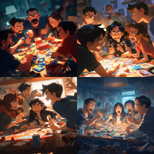 Four friends are gathered around a cluttered living room table,...