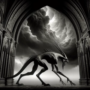 Create an image of an acephalous mythical creature in a dramatic...