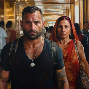 Photorealism,realism.A sweaty beefy man walking with his 54 year...