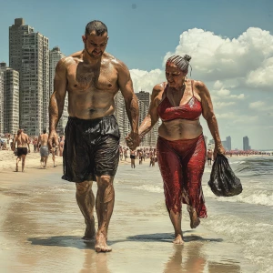 Realism,a muscular sweaty man walking with his 50 years old poo...