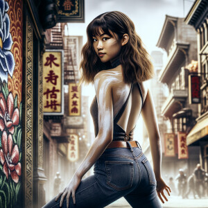 Attractive, Asian teenage girl, long brown hair and bangs, wearing tight skinny jeans and a halter top paint marks on her clothing, backside view heroic pose Asian graffiti