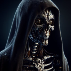 Petite but fierce cybernetic skeleton wearing a hooded robe, , u...