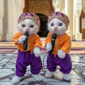 two small white kittens wearing purple and orange koko shirts an...