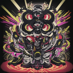 Chimera 90-x style behind a DJ stand, in crazy hat, hand drawn s...