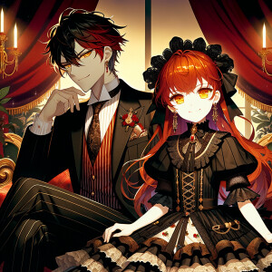 Lilith as a girl with elegant gothic lolita dress sit on the lap of handsome lucifer, the girl has red hair and golden eyes, thrones, black and red elegant luxury background, handsome lucifer smirk