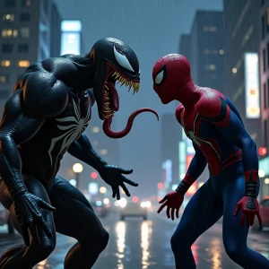 Create an image featuring Venom in a tense standoff with Spider-...